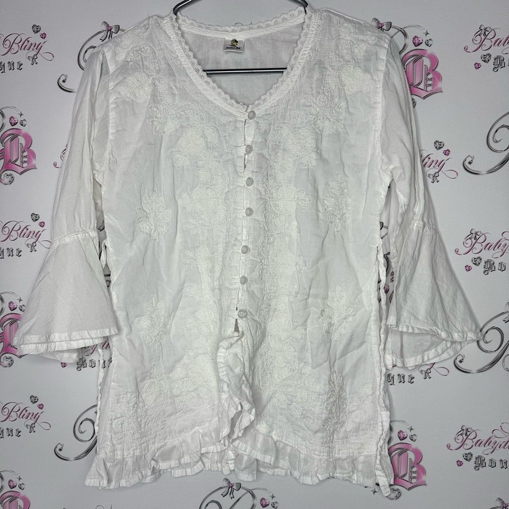 Madaam RS top bell bottom sleeves white floral embroidered buttons ruffle hem